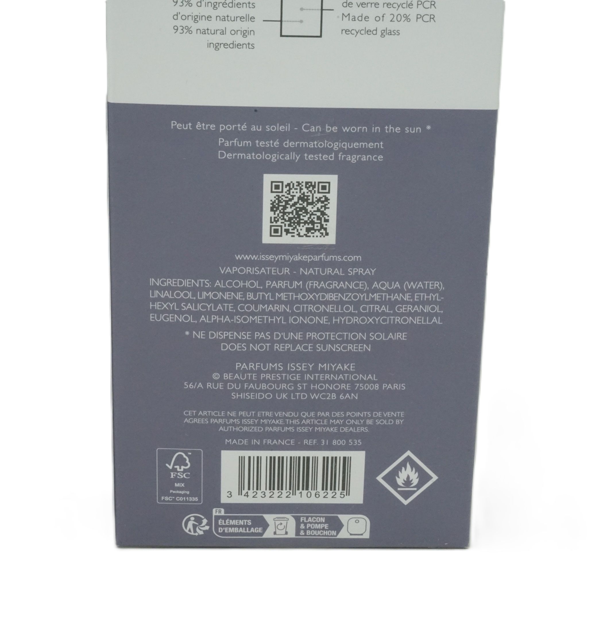 Rückseite der Verpackung. Text: Inhaltsstoffe, Herstelleradresse, QR-Code, Recycling-Symbole, Warnhinweise.