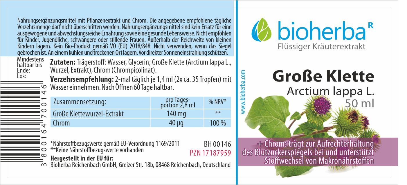 Etikett mit Produktinformationen. Text: Bioherba, Große Klette Arctium lappa L. Zutaten, Verzehrempfehlung, Zusammensetzung, Mindestens haltbar bis Ende.
