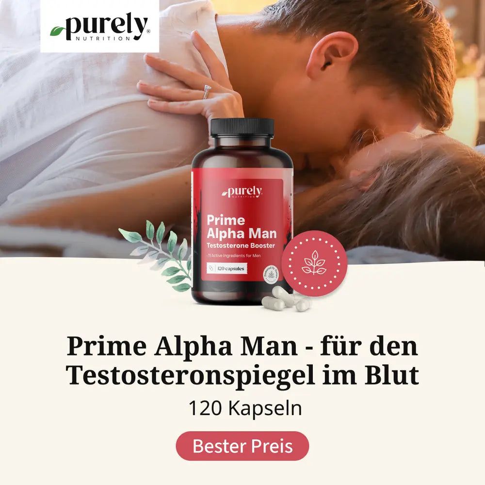 Produktflasche mit Aufschrift Prime Alpha Man, 120 Kapseln. Paar küsst sich im Hintergrund. Runder Aufkleber mit Blatt.