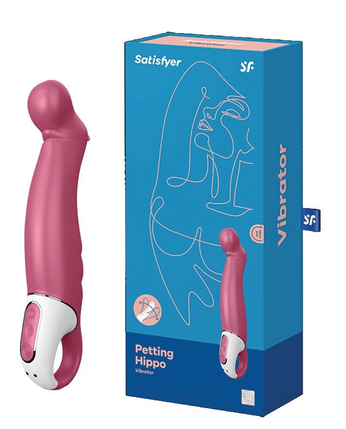 Rosa Vibrator mit weißem Griff, neben blauer Verpackung mit Produktname und Logo.