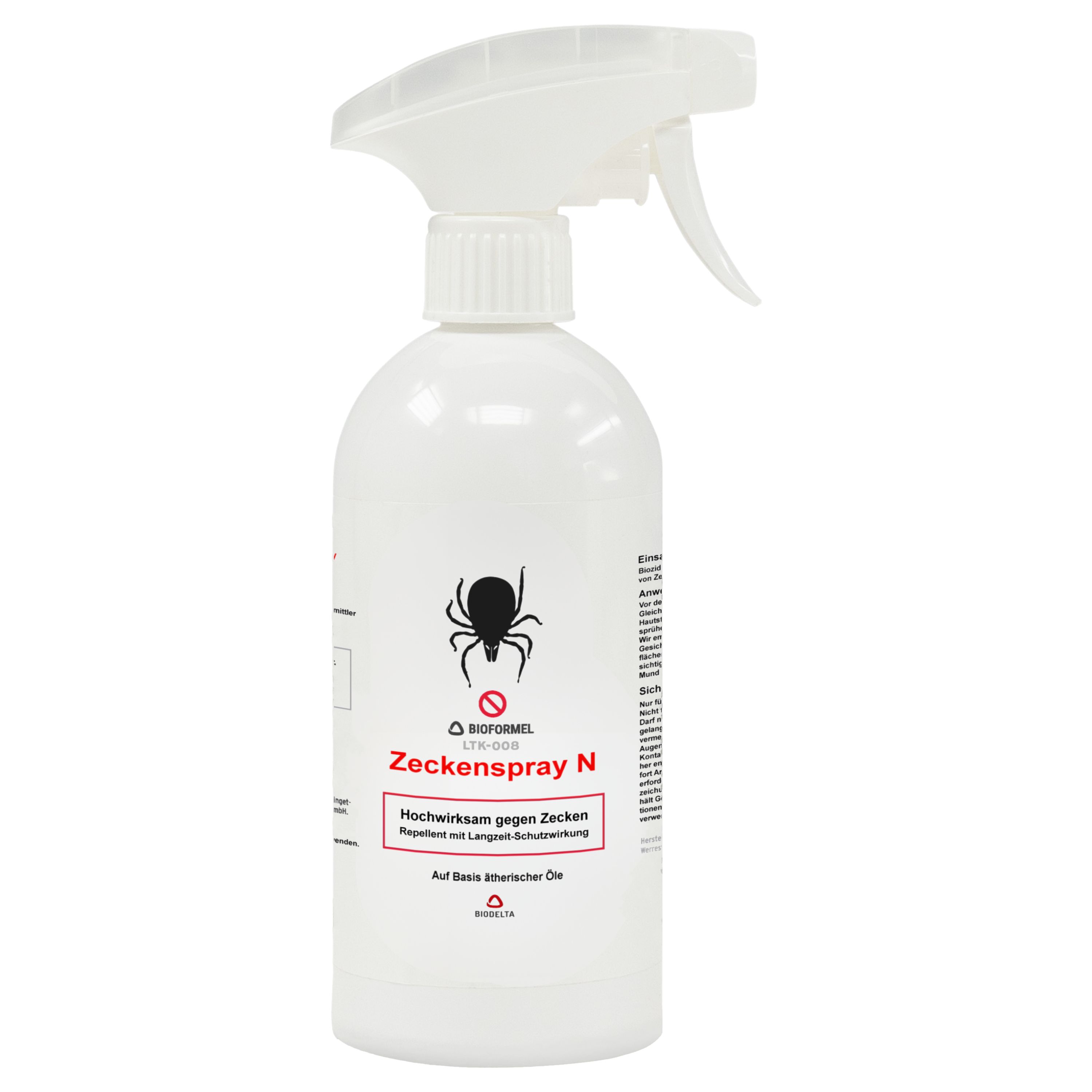 Weiße Sprühflasche mit Sprühkopf. Schwarzes Spinnen-Symbol und Text. Aufschrift: ZECKESPRAY N.