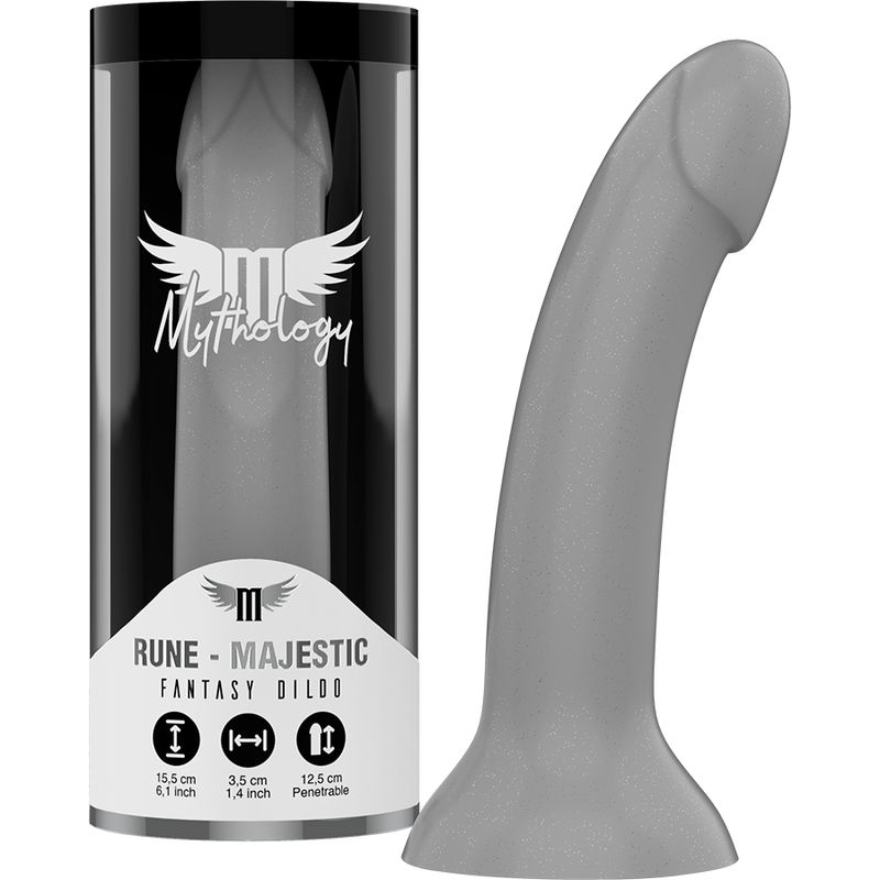 Grauer Dildo neben einer Verpackung. Aufschrift: Mythology, Rune Majestic, Fantasy Dildo.