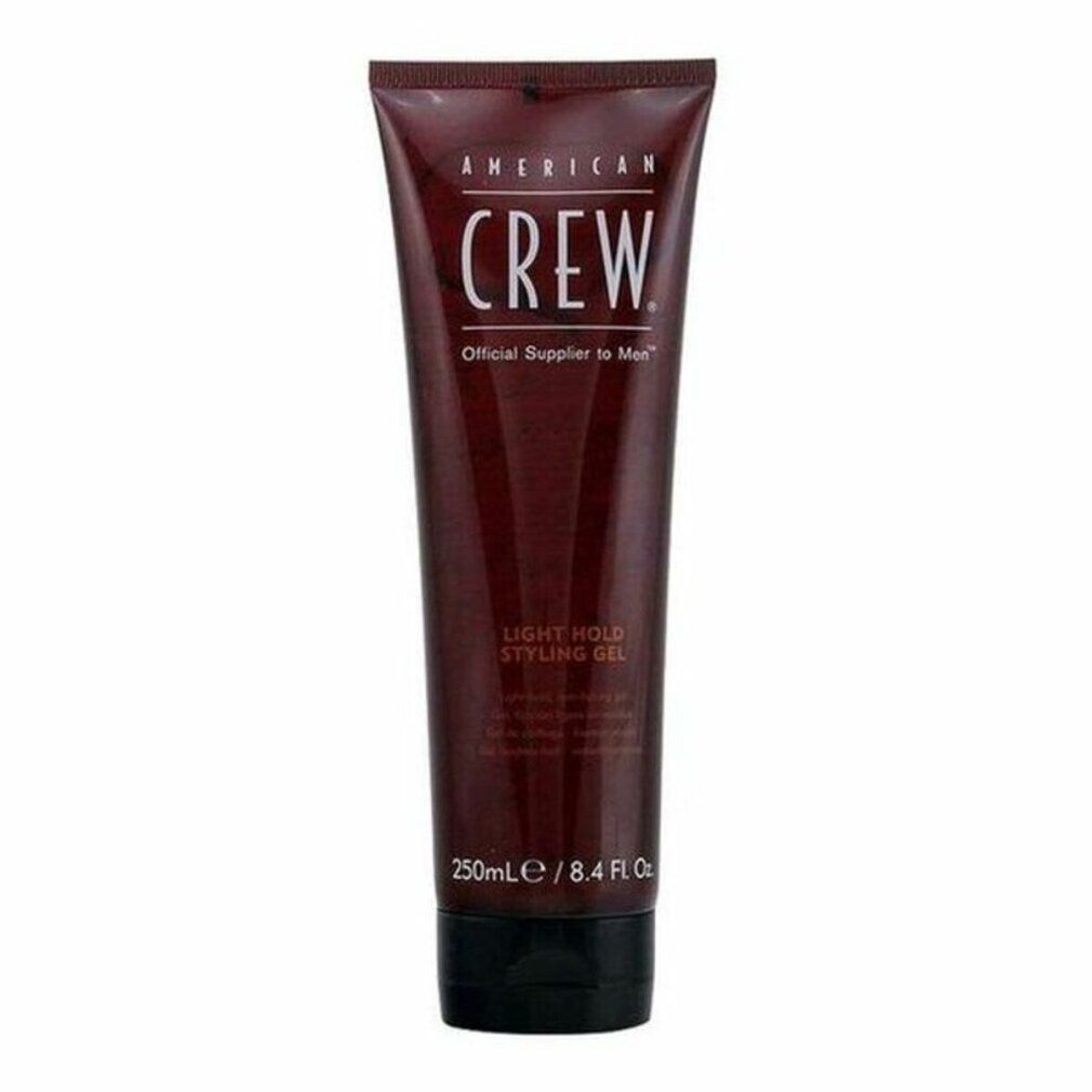 Braune Tube mit schwarzem Deckel. Aufschrift: AMERICAN CREW, LIGHT HOLD STYLING GEL. Volumen: 250ml/8.4 FL. OZ.