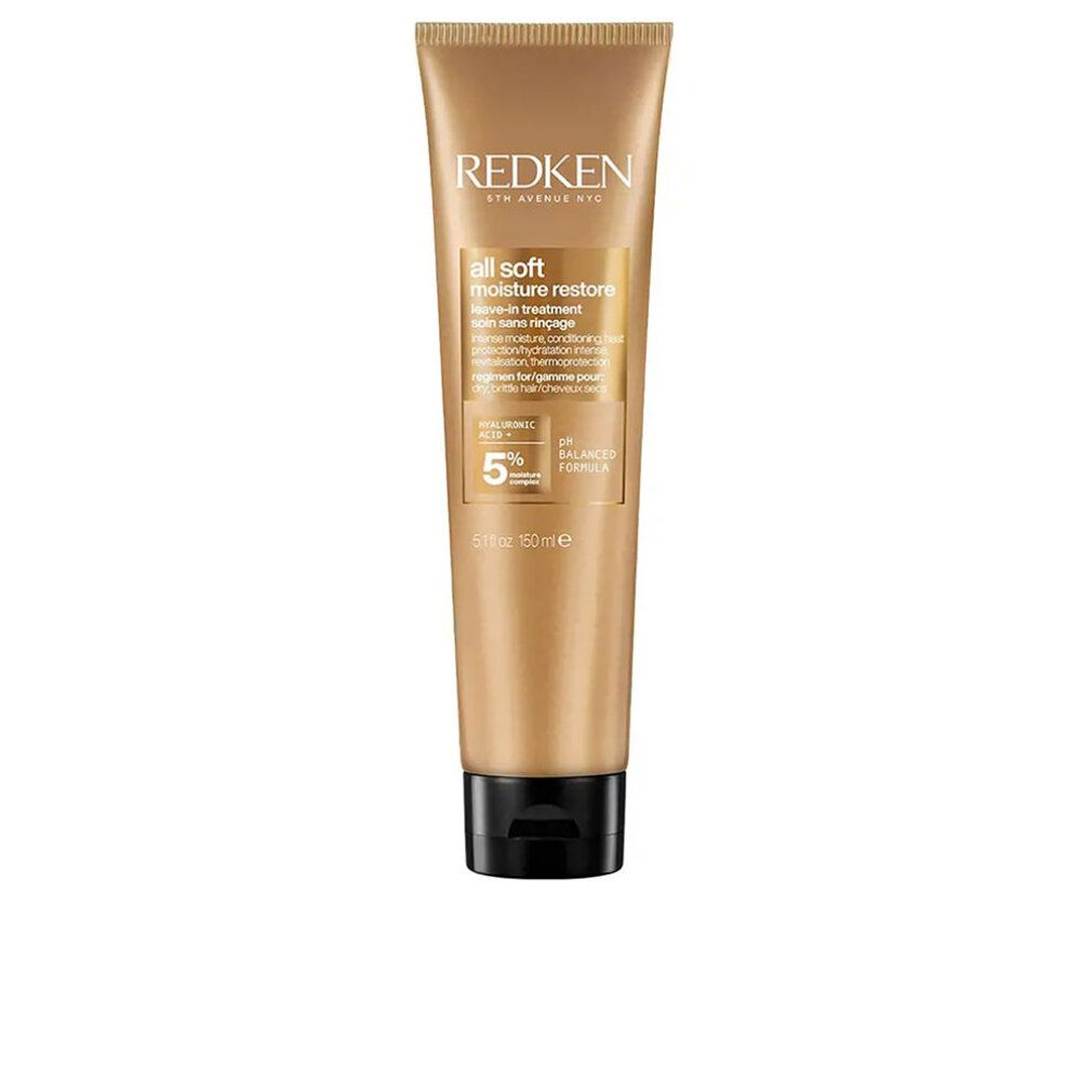 Goldfarbene Tube mit schwarzem Deckel. Aufschrift: Redken, All Soft Moisture Restore. Text und Logos.