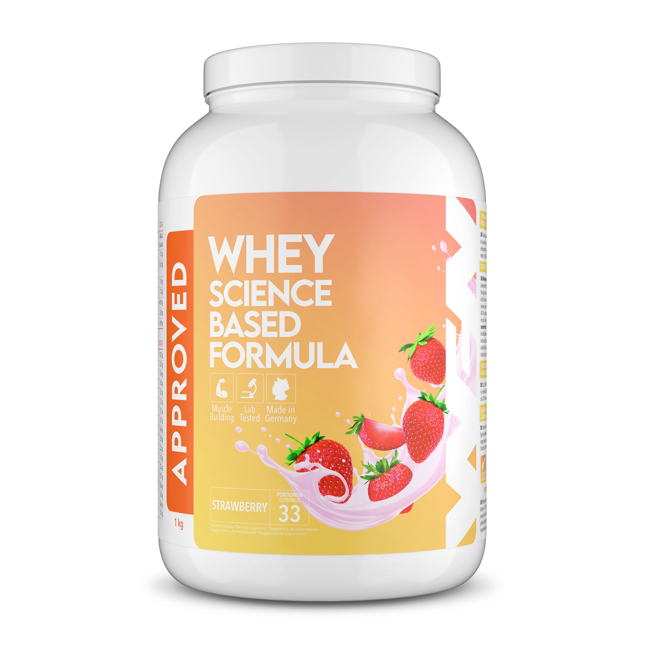 Weißer Whey-Proteinpulver-Behälter. Aufschrift: WHEY, SCIENCE BASED FORMULA. Erdbeer-Abbildung. APPROVED-Logo. Erdbeer-Geschmack.