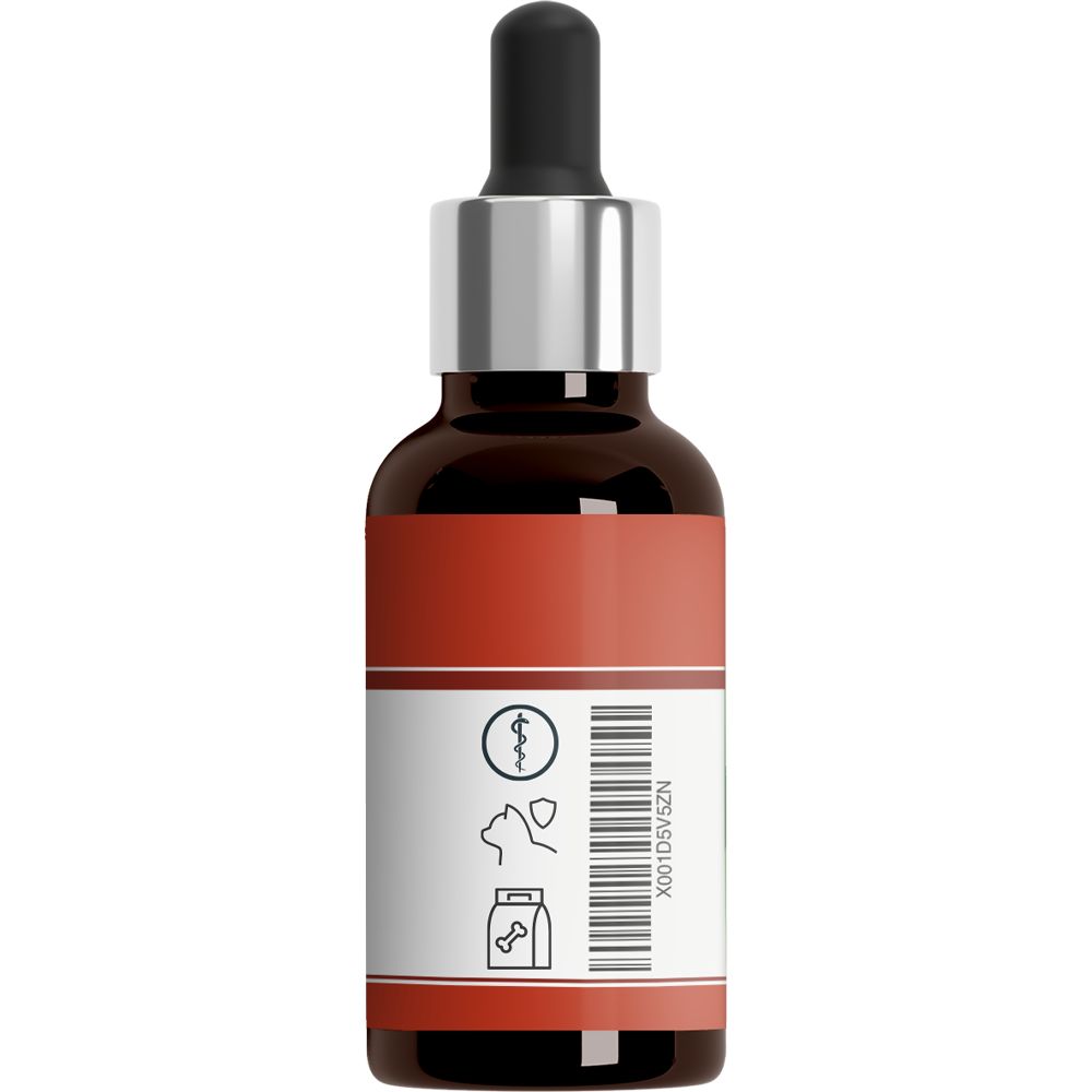 Braune Glasflasche mit Tropfer. Etikett mit Logo, Piktogrammen und Barcode. Rückseite.