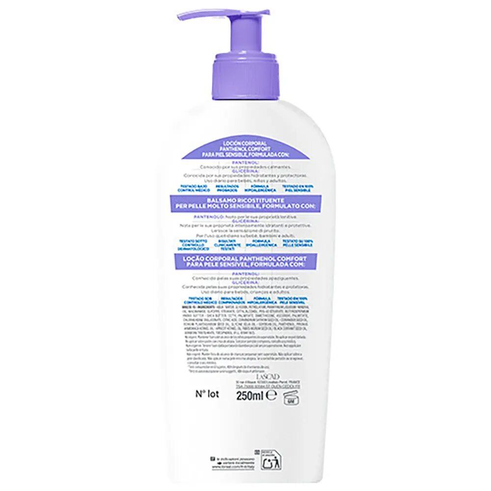 Rückseite einer weißen Flasche mit lila Pumpverschluss. Text: Lozione Corporale Panthenol Comfort. Inhaltsstoffe und Anwendungshinweise.