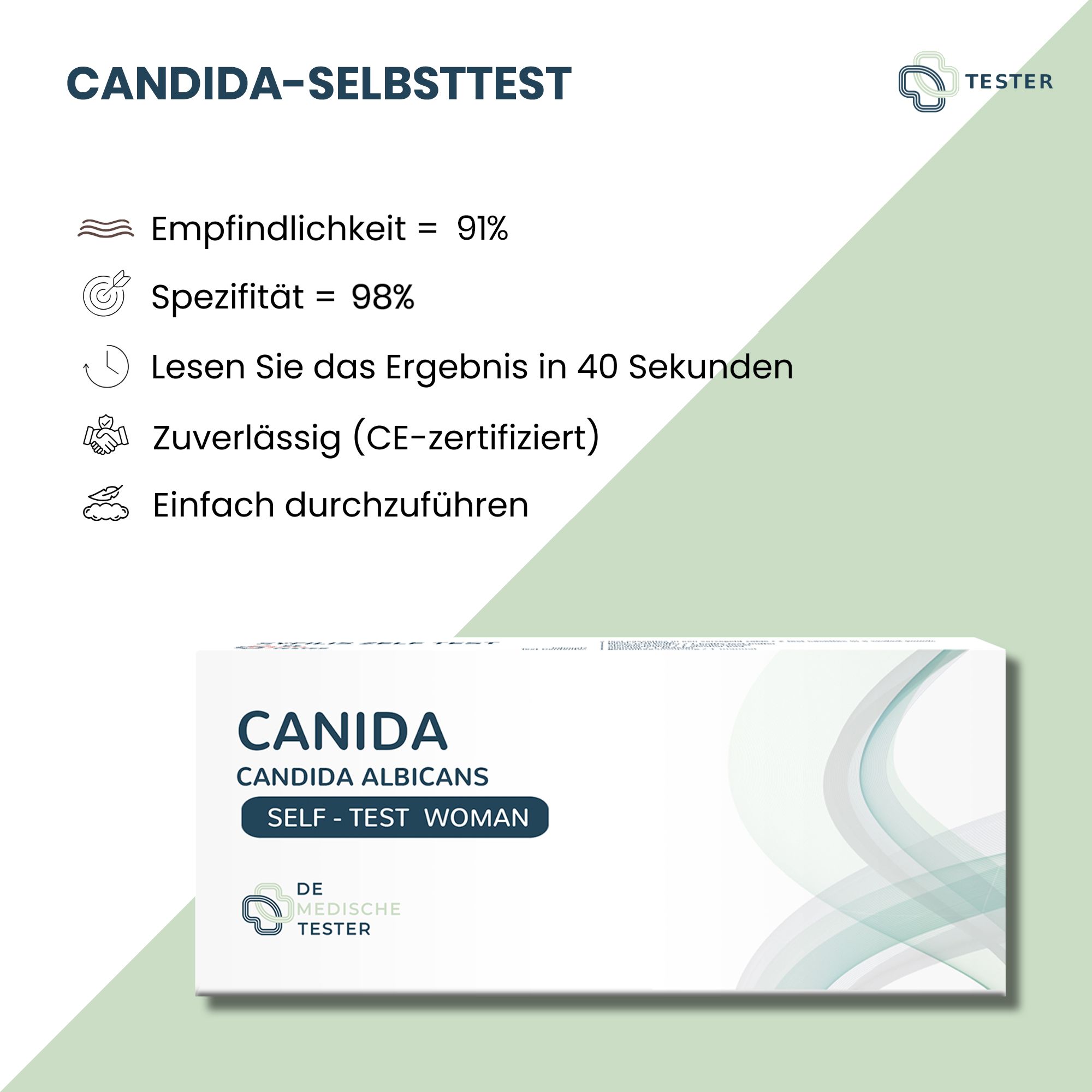 Text mit Informationen zum Candida-Selbsttest. Enthält Sensitivität, Spezifität, Ergebniszeit und CE-Zertifizierung.