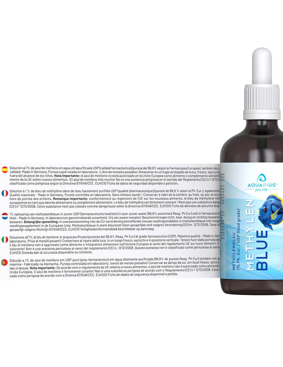 Flasche mit Tropfer und Etikett mit Text in mehreren Sprachen. Aufschrift: METHYLEN BLUE, AQUARIUS pro life. 100 ml.