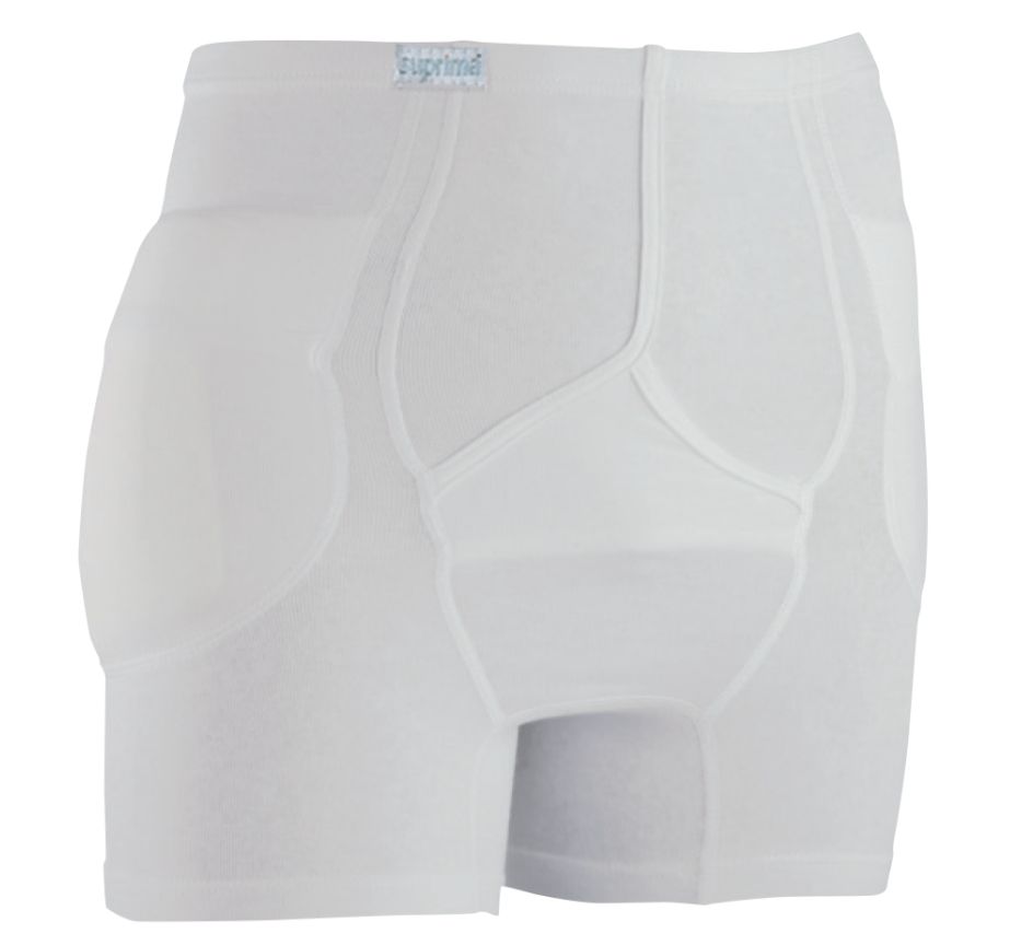 Weißer Hüftprotektor-Slip für Herren. Mit integrierten Protektoren an den Hüften. Marke: Suprima.