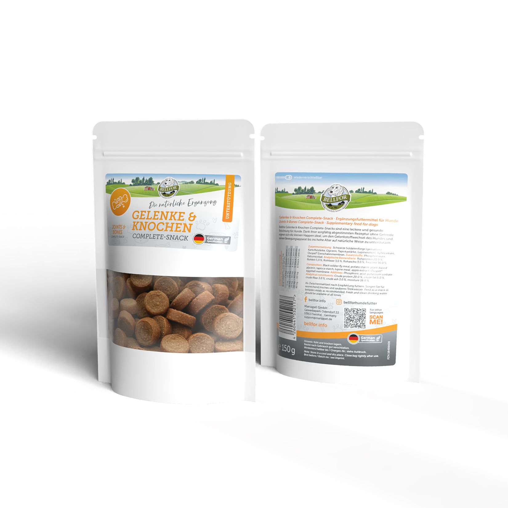 Zwei Snack-Packungen. Eine Packung mit transparentem Fenster. Runde, braune Snacks sichtbar. Text: Gelenke & Knochen.