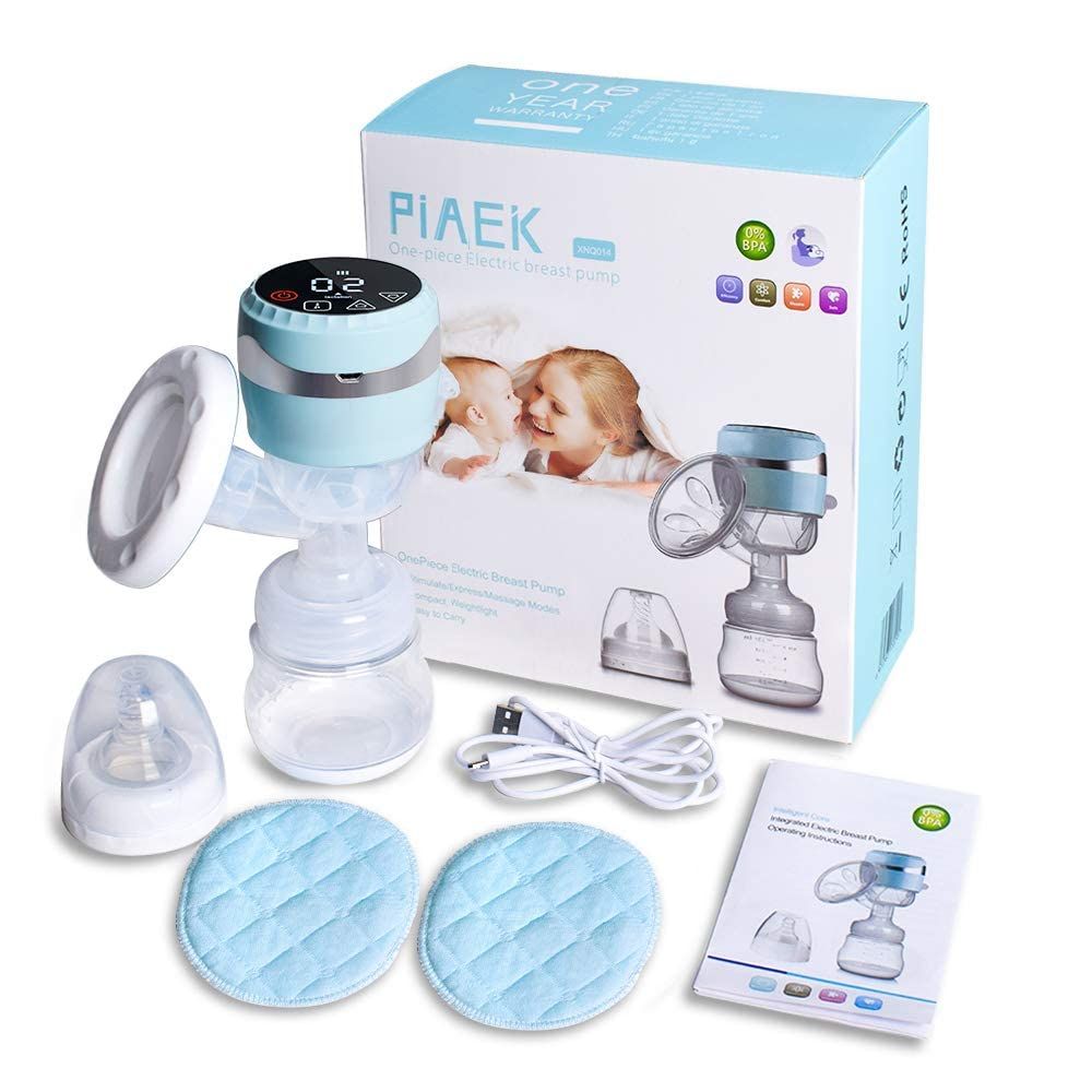 Verpackung der elektrischen Milchpumpe. Enthält Pumpe, Flasche, Schnuller, Stilleinlagen, Kabel, Handbuch. Logo: PIAEK.