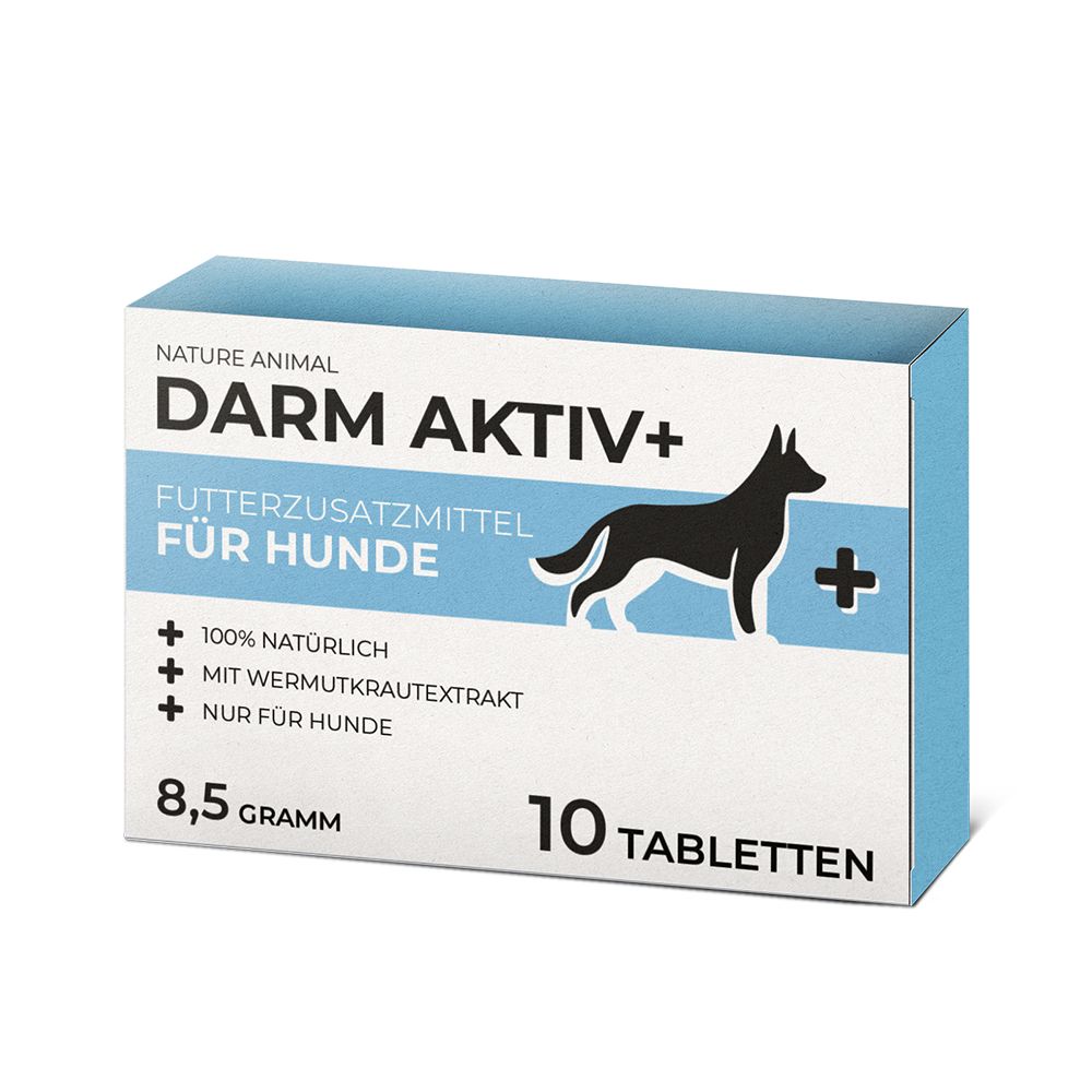 Blau-weiße Schachtel mit Produktnamen und Logo. Text: Darm Aktiv+ für Hunde, 10 Tabletten, 8,5 Gramm. Enthält ein Hunde-Symbol.