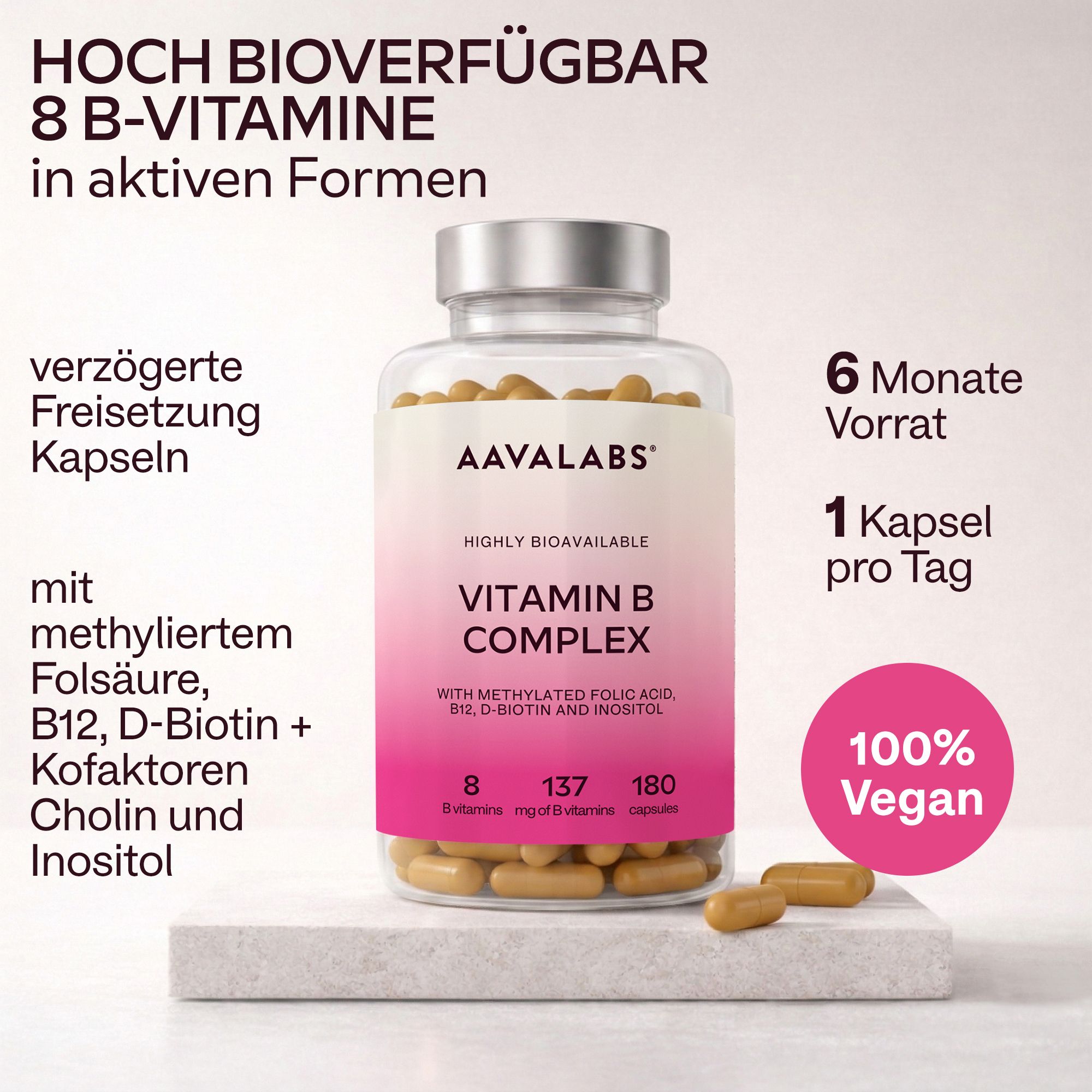 Rückseite der Flasche mit Nährwertangaben. Rosa Etikett mit Text.