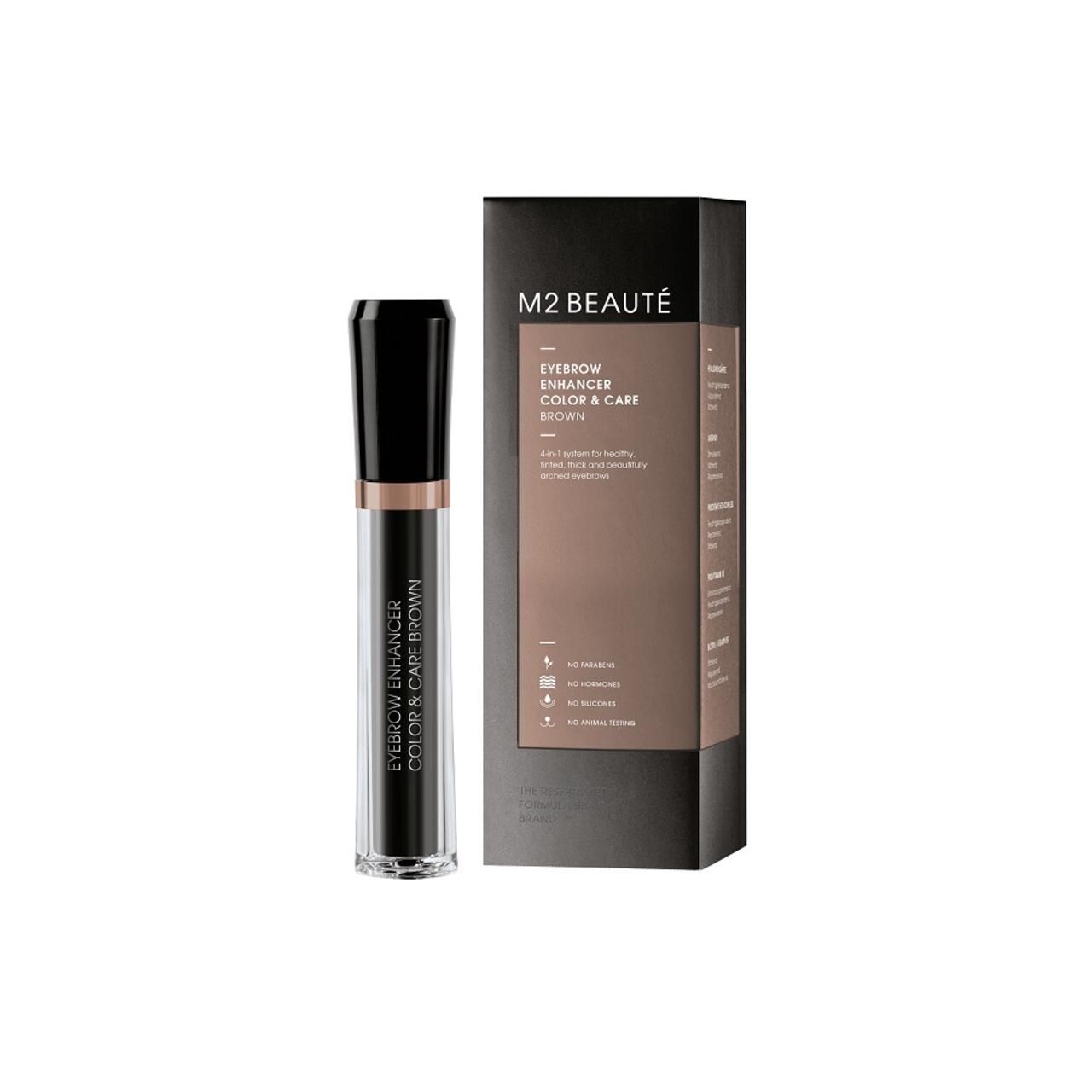 M2 Beauté Eyebrow Enhancer Color & Care Brown, Flasche und Verpackung. Schwarze Flasche, braune Schrift.