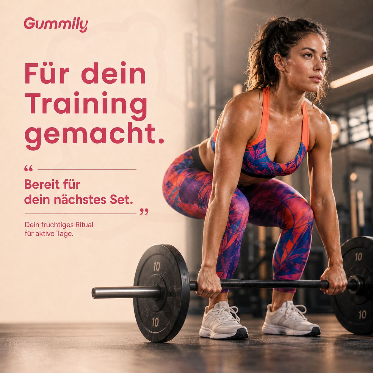 Frau hebt eine Langhantel im Fitnessstudio, Text: Für dein Training gemacht.