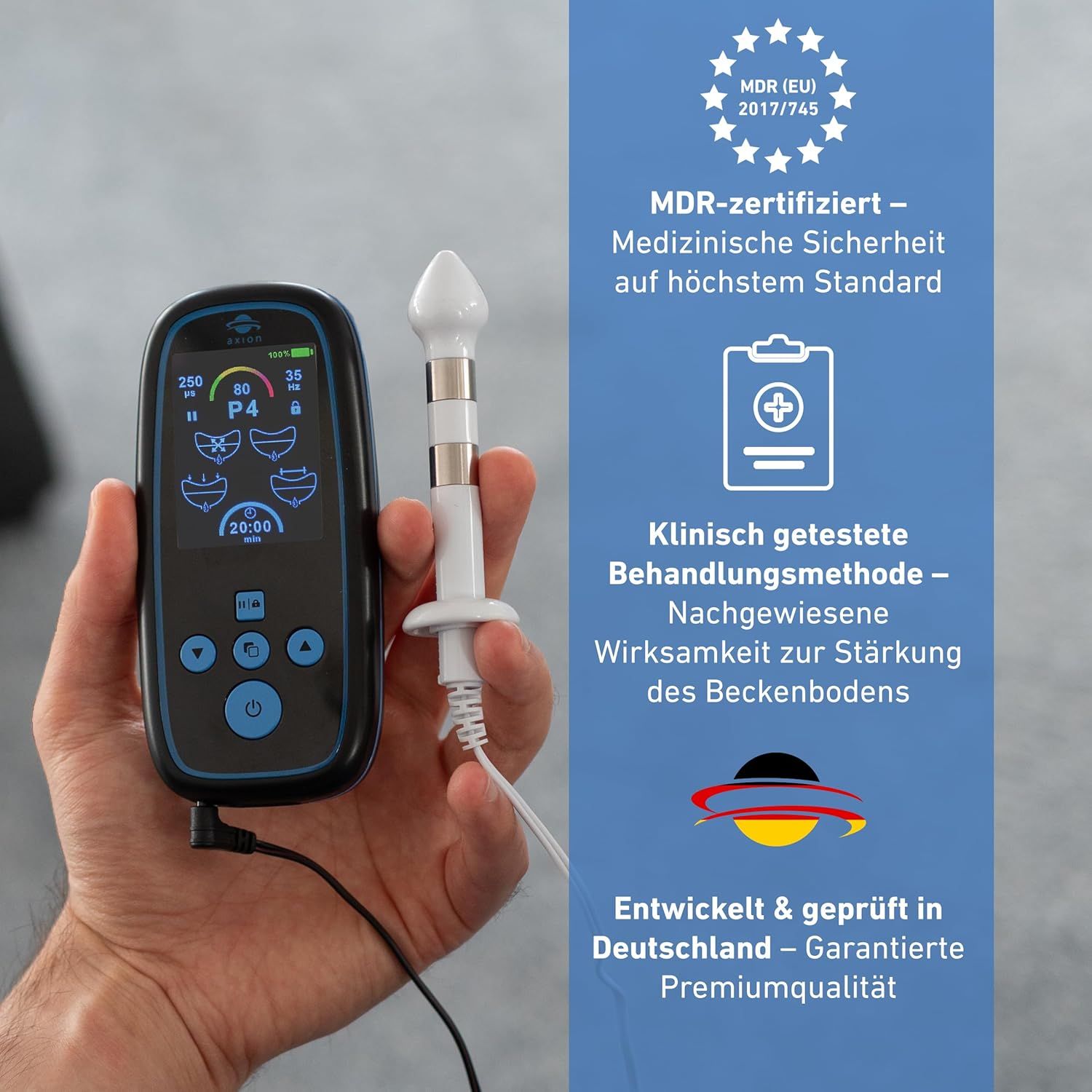 Schwarzes Gerät mit blauem Rahmen und Display. axion® Logo. In Hand gehalten, mit Zubehör. Text: MDR-zertifiziert, klinisch getestet, Premiumqualität.