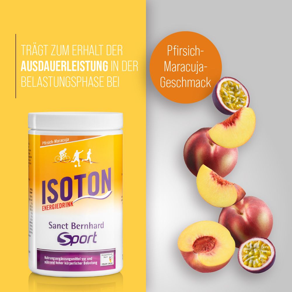 Isoton-Energiedrink-Dose mit Pfirsich-Maracuja. Früchte neben Dose. Text: Sanct Bernhard Sport.