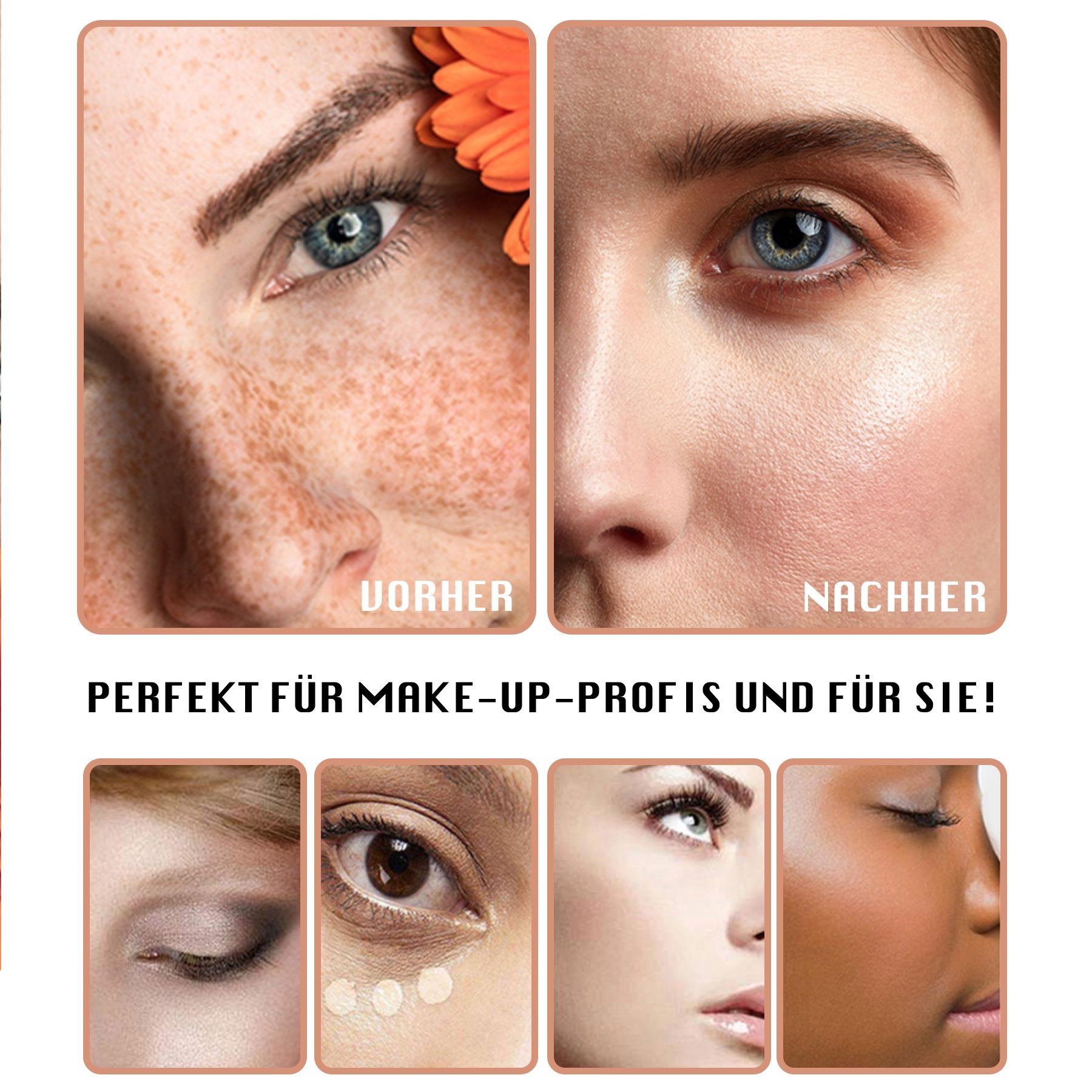 TLM Foundation Color Changing. Flasche. SPF 15. Vorher-Nachher-Effekt auf Gesichtern.