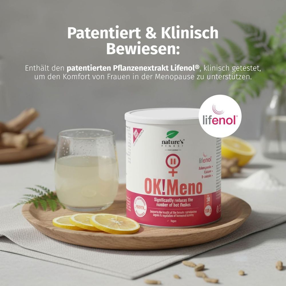 Nature's Finest OK!Meno Dose neben Glas mit Getränk und Zitronenscheiben. Patentiert & klinisch erwiesen.