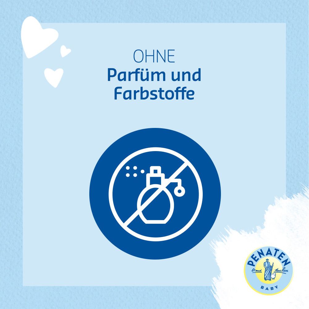 Flasche mit blauem Deckel. Aufschrift: ultra sensitiv Pflegelotion. Logo: PENATEN BABY.