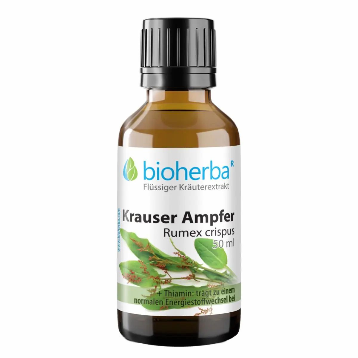 Braune Glasflasche mit schwarzem Deckel. Etikett mit Produktnamen, Logo und Pflanzenabbildung. "Bioherba Krauser Ampfer" Text.