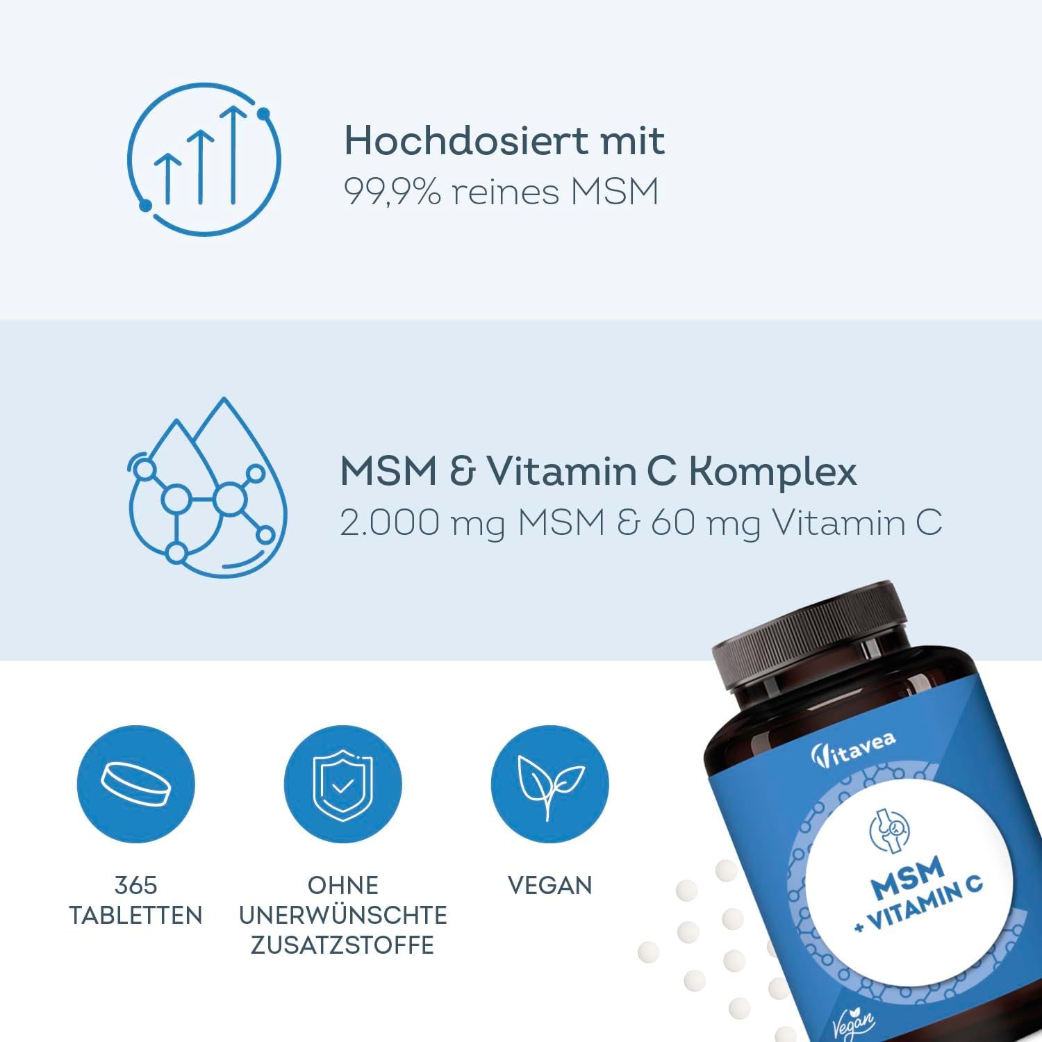 Produktinformationen: MSM & Vitamin C Komplex, 2.000 mg MSM, 60 mg Vitamin C. 365 Tabletten, vegan.
