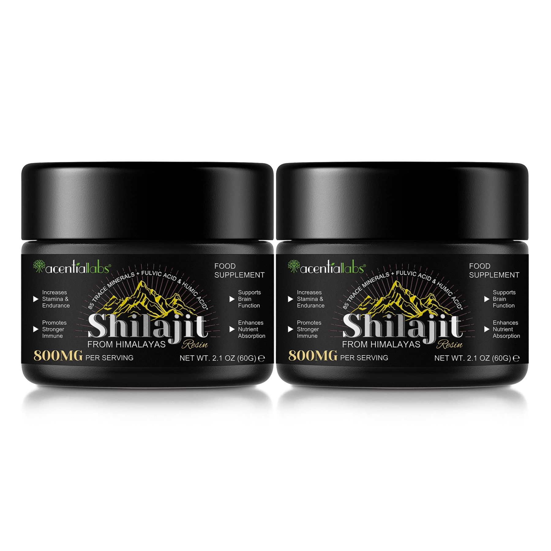 Zwei schwarze Gläser mit Shilajit. Aufschrift: 800mg pro Portion. Hintergrund: Weiß.