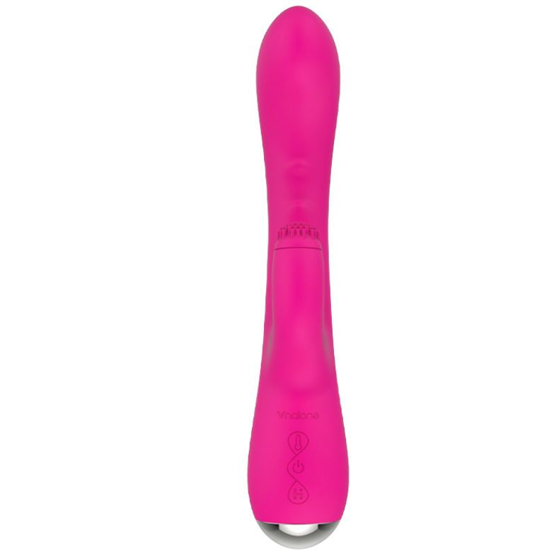 Pinkfarbener Vibrator mit Heizfunktion. Schlanke Form mit Bedienknöpfen und Metallspitze. Marke: Vicone.