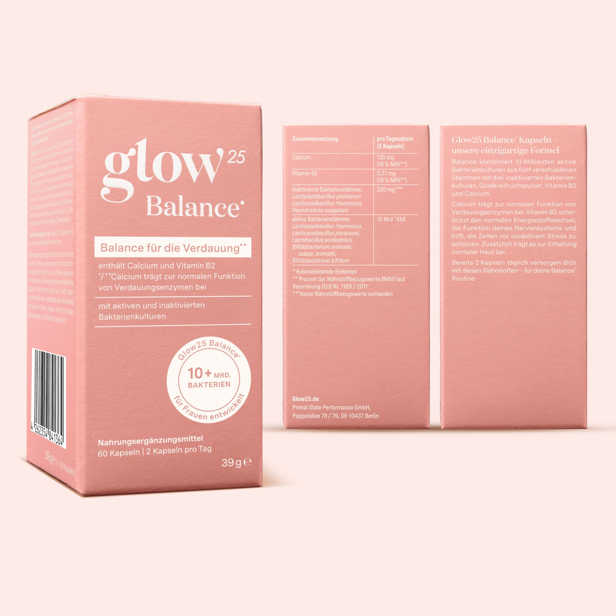Glow25 Balance Faltschachtel mit Rückseitenansicht und Nährwertangaben.