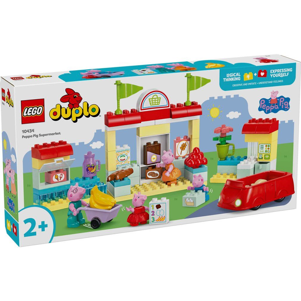 LEGO Duplo Peppa Pig Supermarkt. Bausatz mit Figuren, rotem Auto, Marktstand und Zubehör. Verpackung mit Logo und Altersempfehlung.