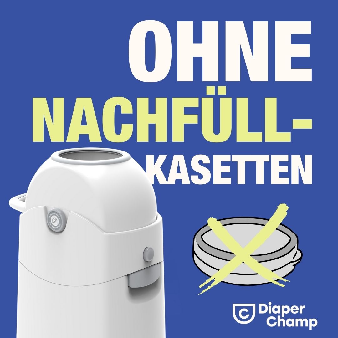 Weißer Windeleimer mit Deckel und Griff. Text: OHNE NACHFÜLL-KASSETTEN. Logo: Diaper Champ.