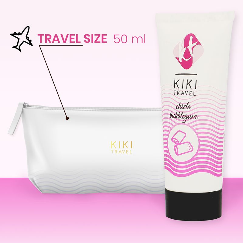 Weiße Tube mit schwarzem Verschluss und rosa Akzenten. Aufschrift: KIKI TRAVEL, chicle bubblegum. Kaugummi-Symbol. Reise-Etui.