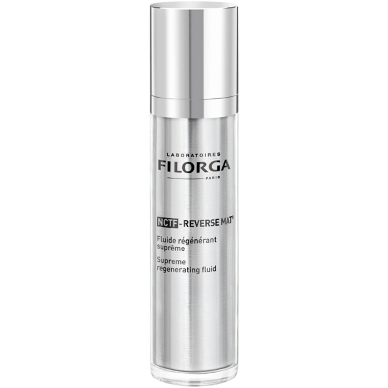 Filorga NCEF-Reverse Mat Supreme Regenerating Fluid in silberner Pumpspenderflasche mit geschlossenem Deckel.