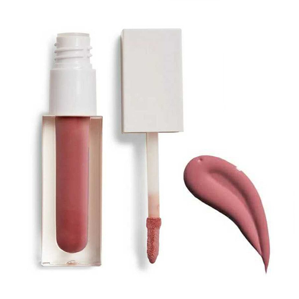 Lipgloss-Fläschchen mit Applikator und Farbmuster. Transparentes Gehäuse, weißer Deckel. Rosa Farbton.