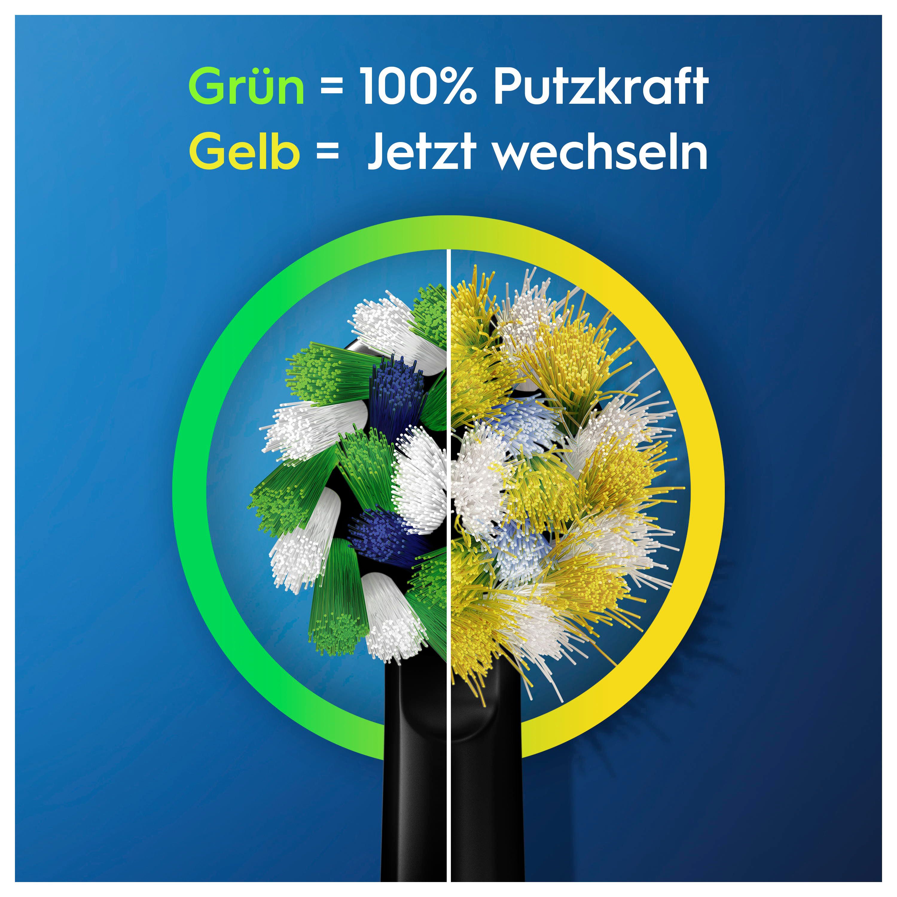 Nahaufnahme eines Bürstenkopfes. Grün = 100% Putzkraft, Gelb = Jetzt wechseln. Schwarzer Bürstenkopf.