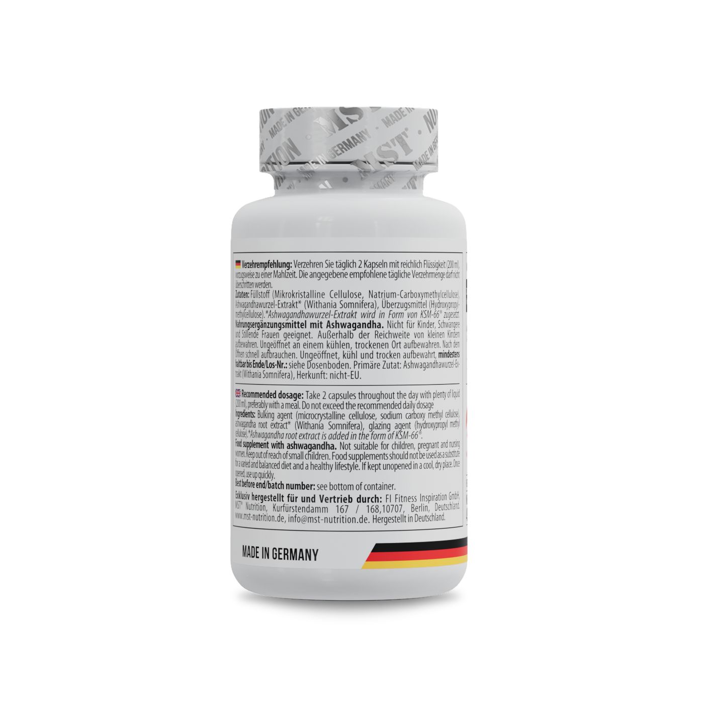 Rückseite einer weißen Flasche mit MST Ashwagandha. Text in Deutsch und Englisch. Deutsche Flagge unten.