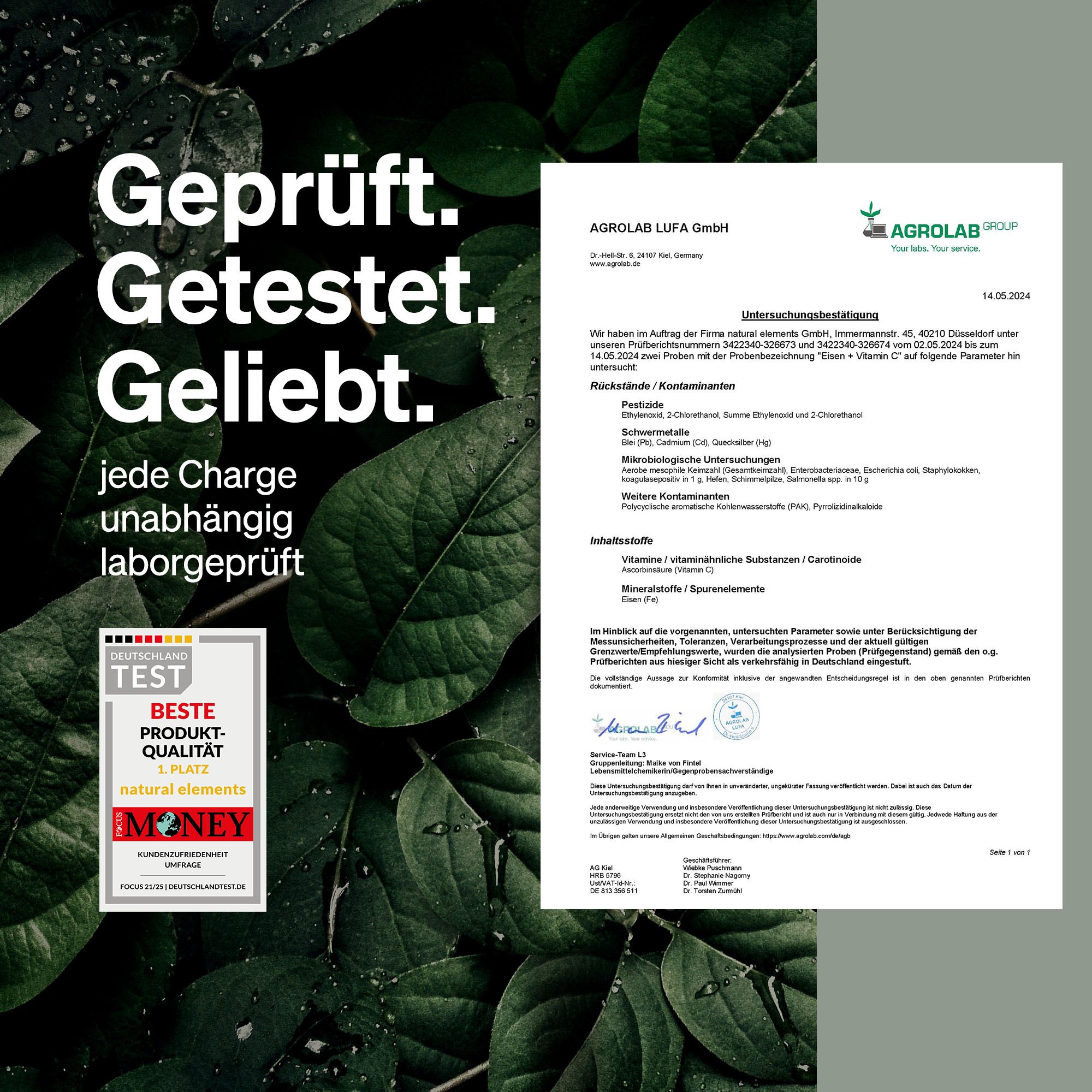 Zertifizierungsdokument. Text: Geprüft. Getestet. Geliebt. Laborgeprüft. Logo: Beste Produktqualität.
