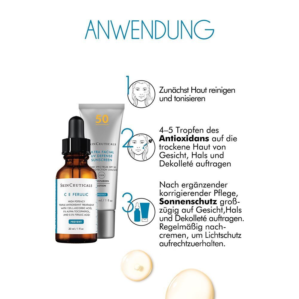 Anwendungshinweise. Abgebildet sind eine Flasche C E Ferulic, eine Tube Sonnenschutz und eine Frau, die Produkte aufträgt.