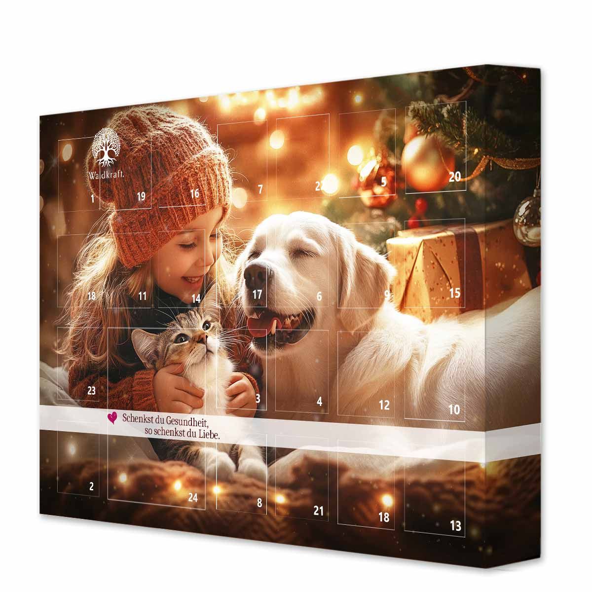 Adventskalender für Hunde. Rechteckige Box mit weihnachtlichem Motiv. Kind, Hund und Katze. Zahlen von 1 bis 24. Waldkraft Logo.