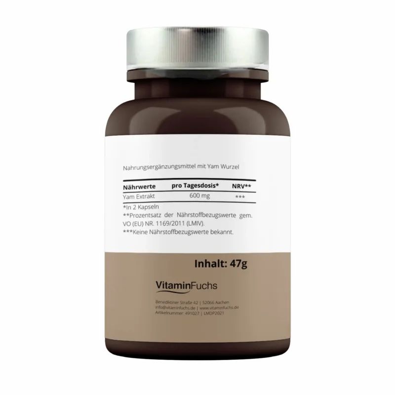 Rückseite einer braunen Kapsel-Flasche mit Nährwertangaben und "VitaminFuchs".