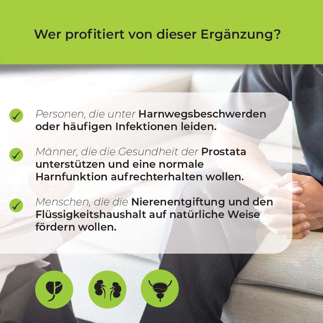Mann sitzt auf Sofa. Text: Wer profitiert von dieser Ergänzung? Personen mit Harnwegsbeschwerden, Männer, Nierenfunktion.