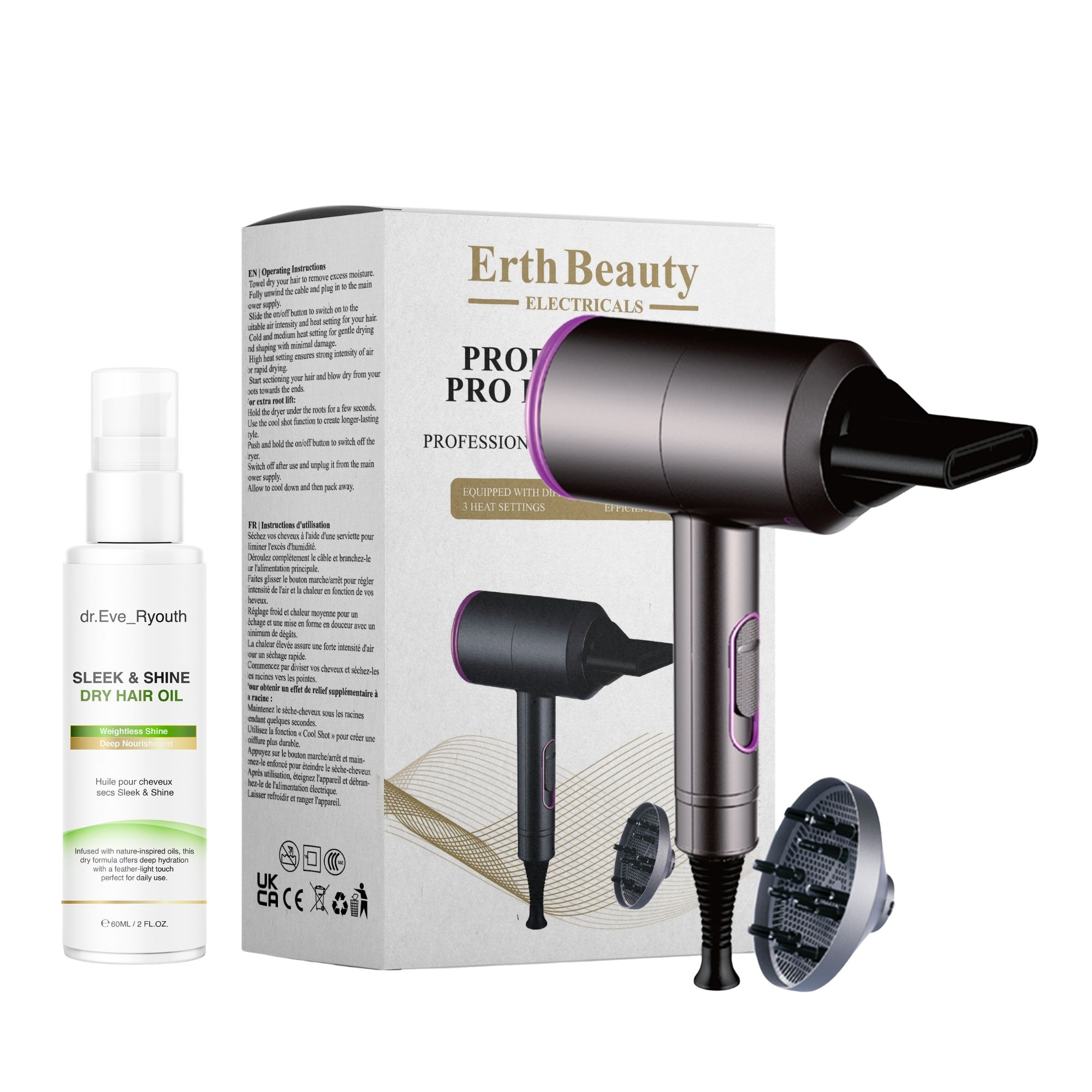 Dr Eve Ryouth Professioneller Haartrockner mit Sleek Shine Trockenhaaröl