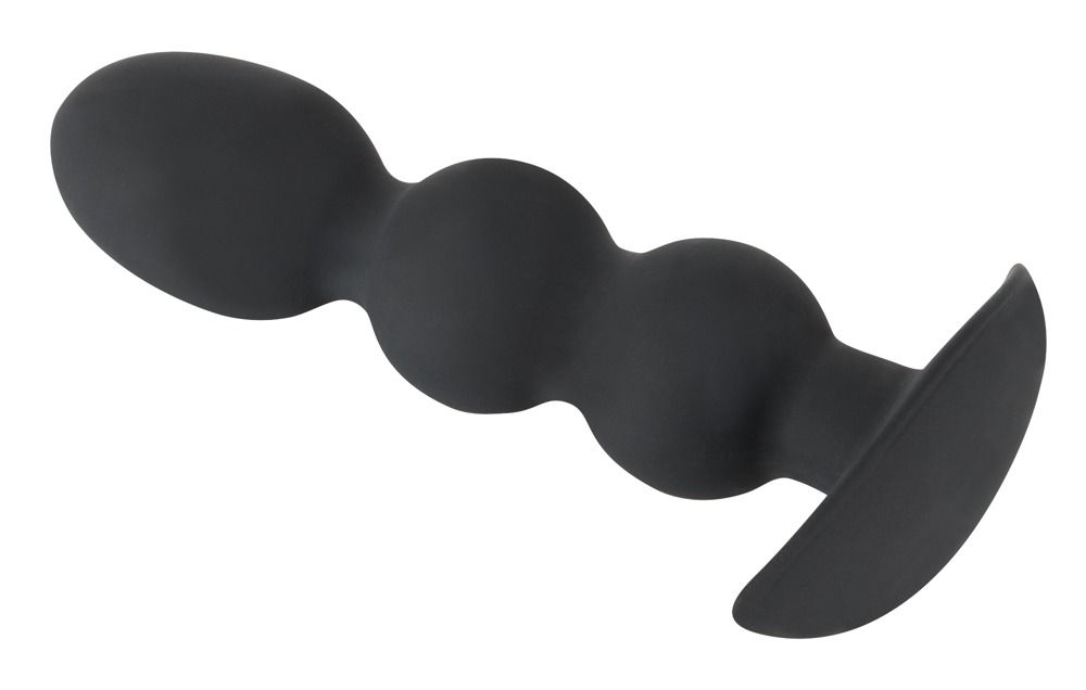 Schwarzer Analplug mit drei Kugeln und breitem Flansch, Nahaufnahme.