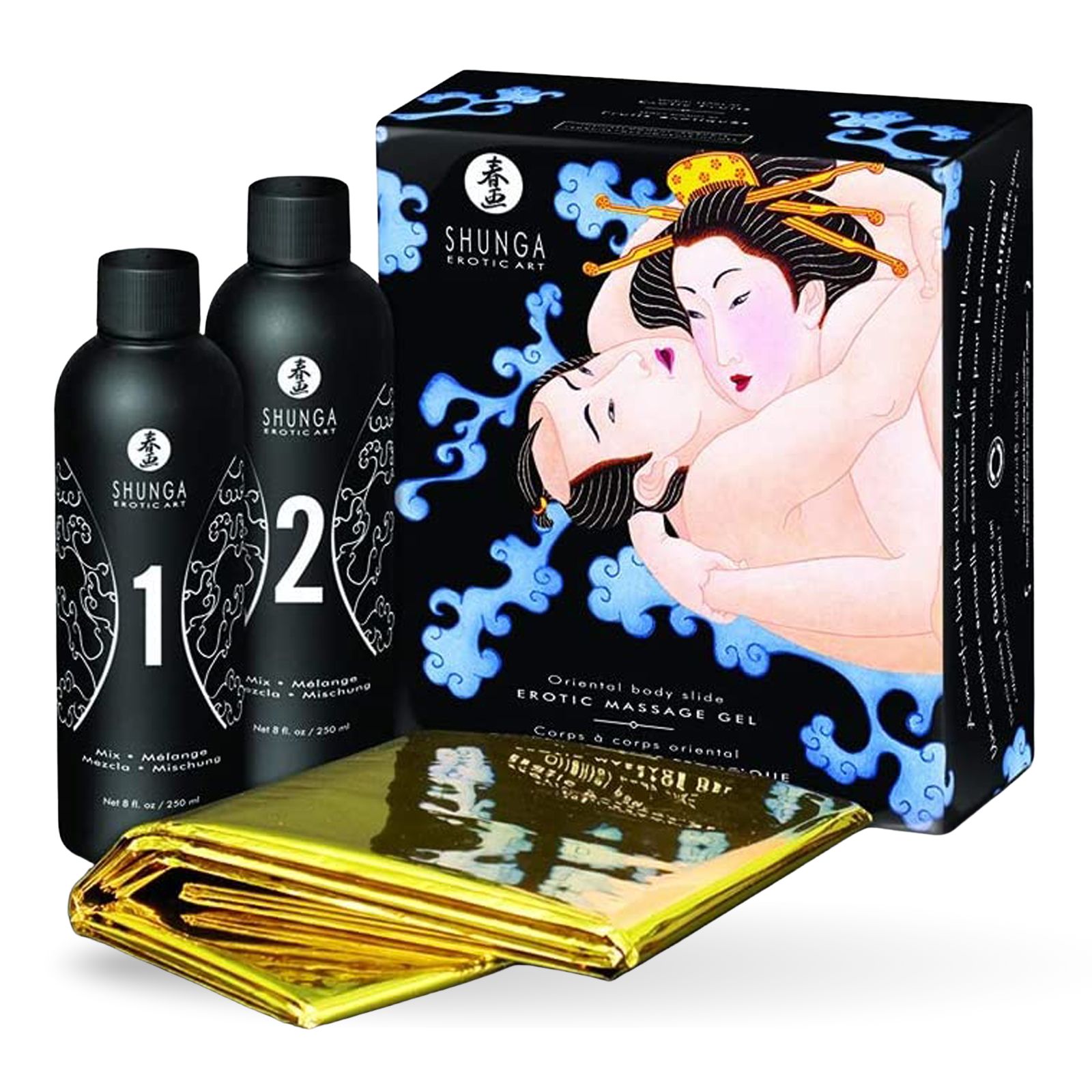 Produkt-Set mit zwei Flaschen, goldener Folie und Box. Box mit Abbildung von zwei Personen. Aufschrift: Shunga, Oriental body slide erotic massage gel.
