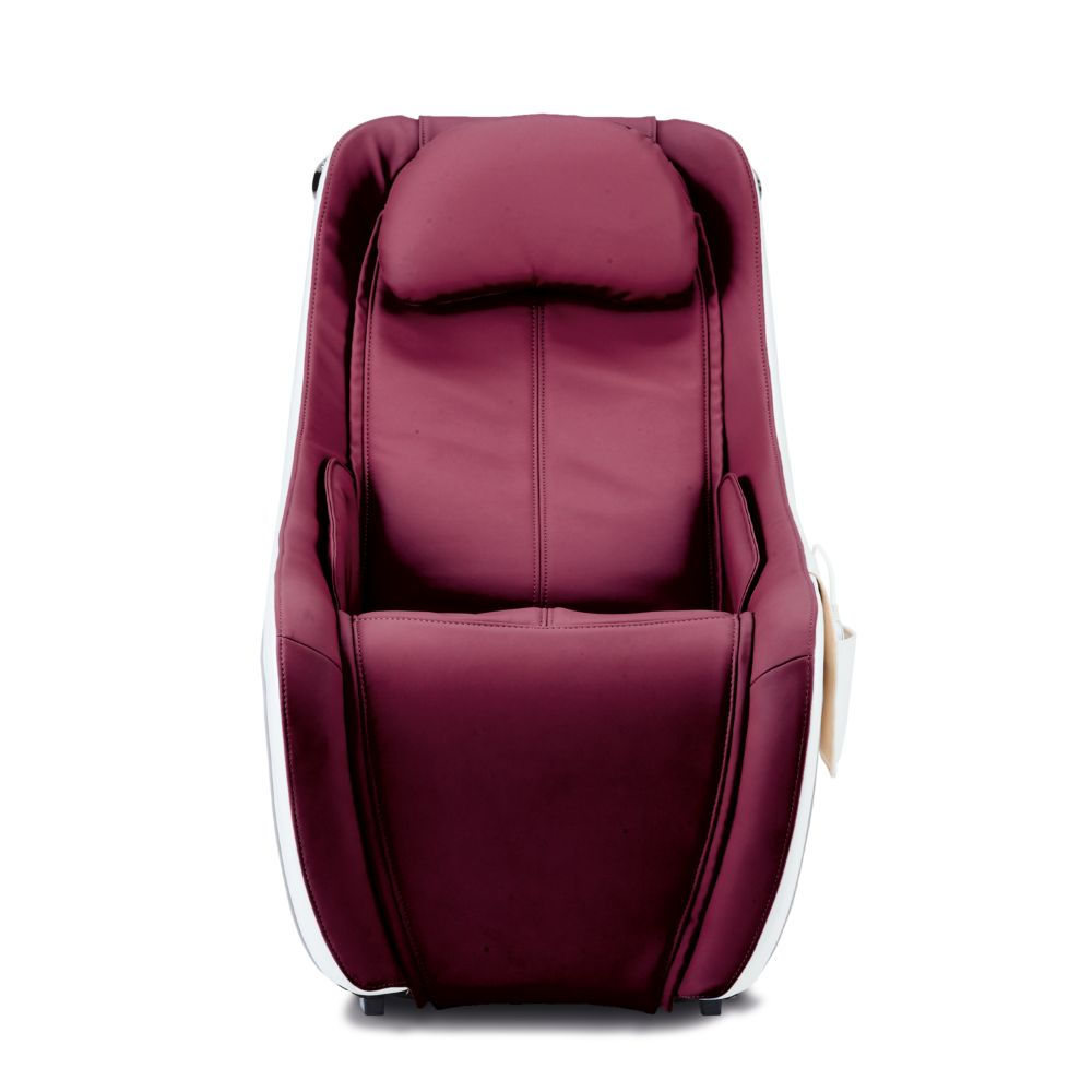 Massagesessel, bordeauxfarbenes Sitzteil, weißes Gehäuse. Kopfstütze, Armlehnen. Seitlich: Tasche.
