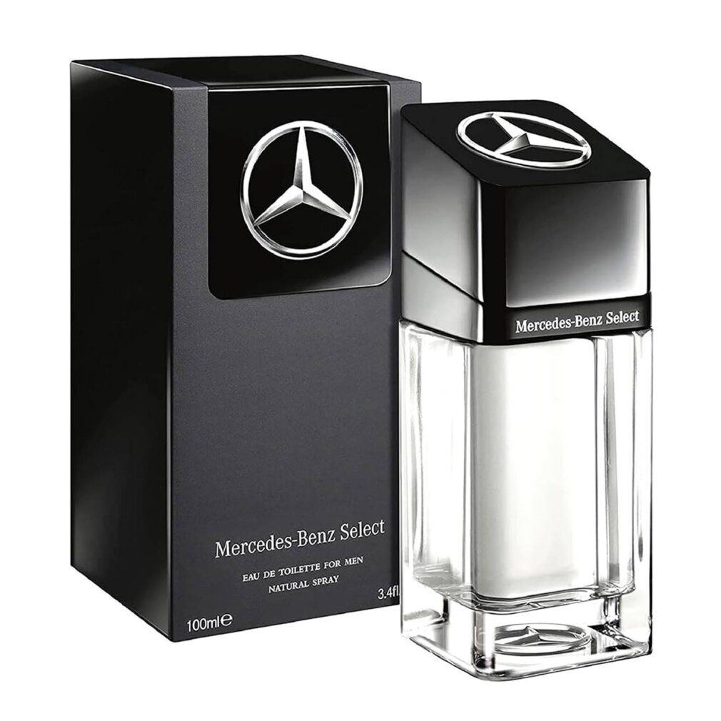 Schwarze Verpackung und Flakon. Mercedes-Benz Logo und Schriftzug. Aufschrift Eau de Toilette for Men.