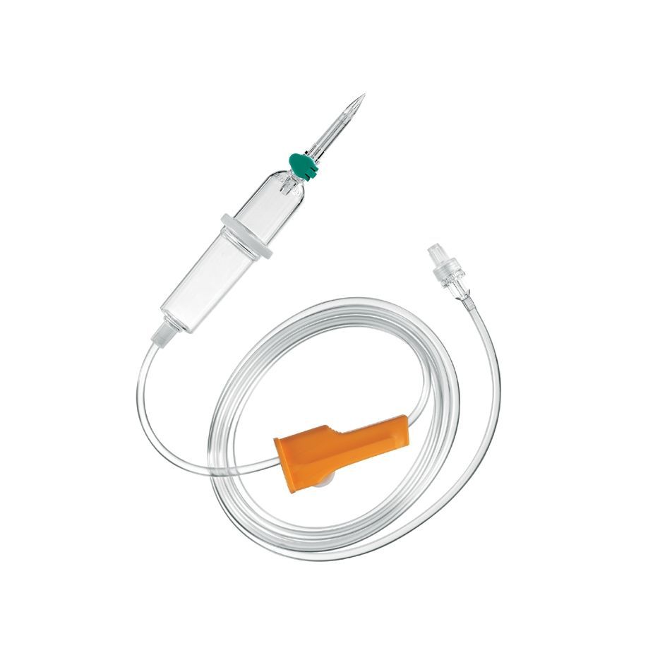 Infusionsbesteck mit Tropfkammer, Schlauch und Konnektoren. Transparente Materialien. Orangefarbener Verschluss.