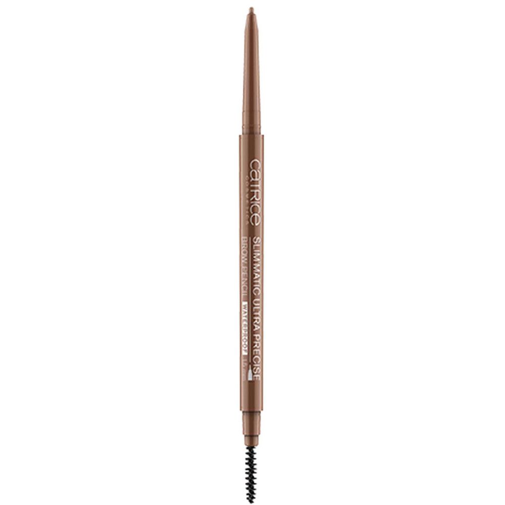 Augenbrauenstift mit Bürste. Schlanke Form, braune Mine. Aufschrift: Catrice, Slim'Matic Ultra Precise, Waterproof.
