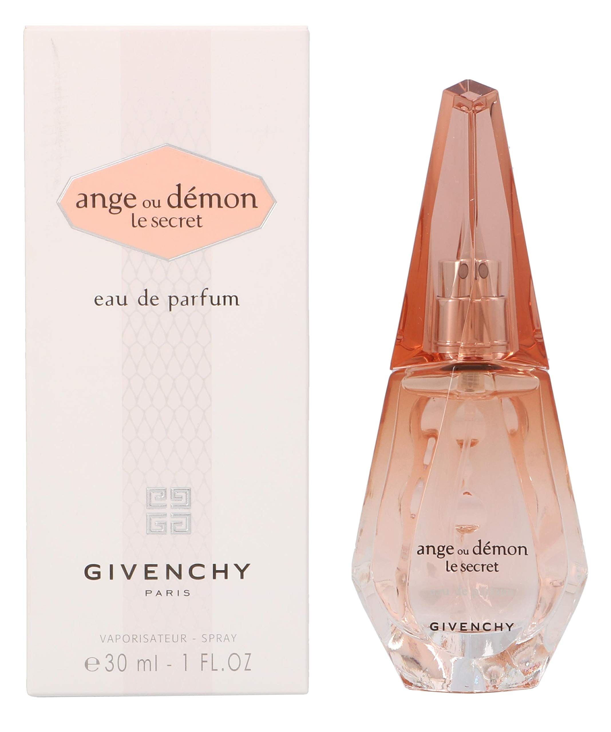 Parfümflakon und Verpackung. Flakon: facettiert, rosa Farbverlauf. Verpackung: weiß, Aufschrift: Ange ou Démon, Givenchy, Le Secret.